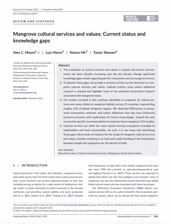 Mangrove Cultural Services and Values: Current status and knowledge gaps
