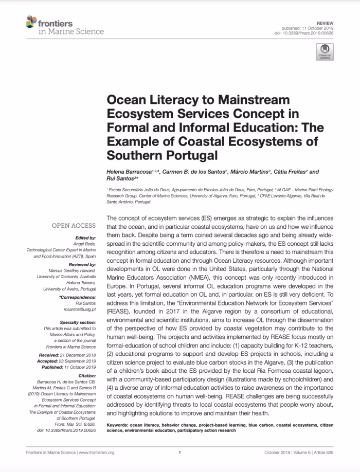 Ocean Literacy to Mainstream Ecosystem Services Concept in Formal and Informal Education: The Example of Coastal Ecosystems of Southern Portugal