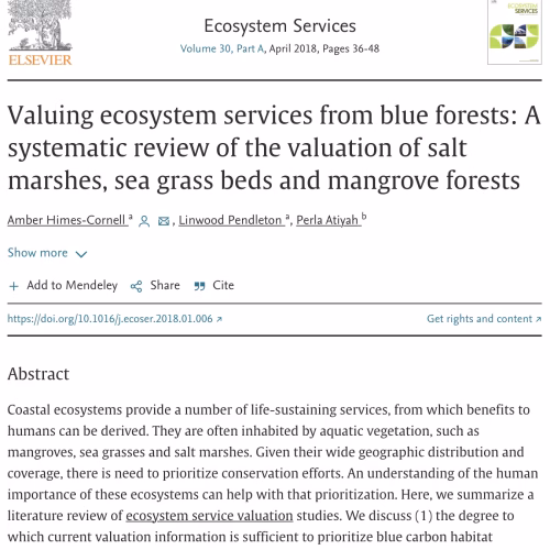 Valuing Ecosystem Services from Blue Forests: A systematic review of the valuation of saltmarshes, seagrass beds and mangrove forests