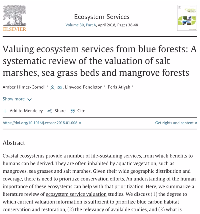Valuing Ecosystem Services from Blue Forests: A systematic review of the valuation of saltmarshes, seagrass beds and mangrove forests