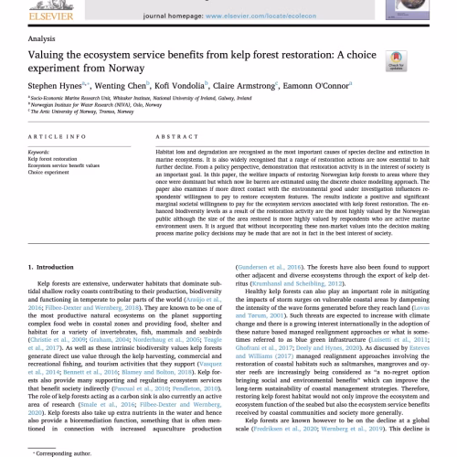 Valuing the Ecosystem Service Benefits from Kelp Forest Restoration: A choice experiment from Norway