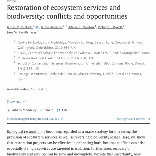 Restoration of Ecosystem Services and Biodiversity: Conflicts and Opportunities