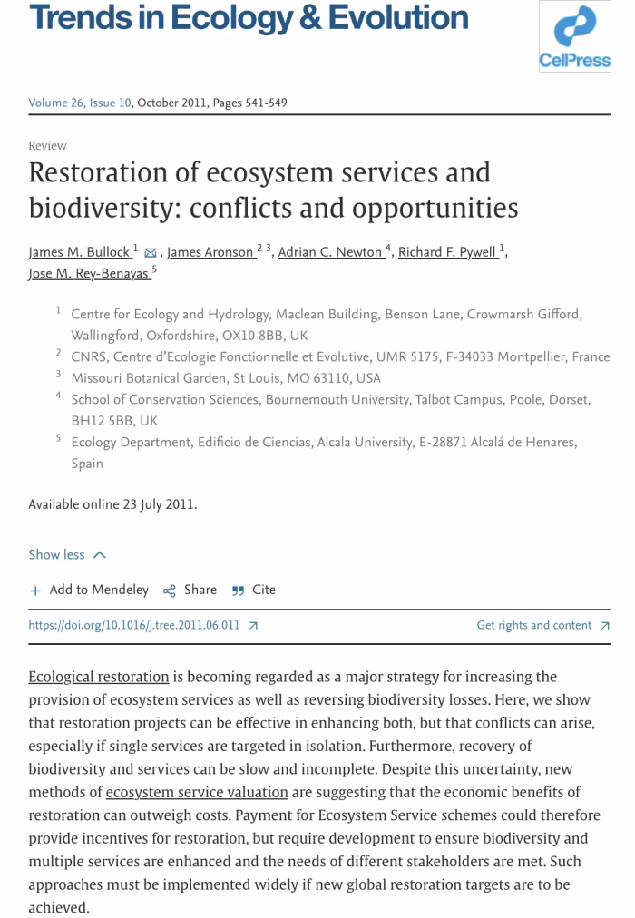 Restoration of Ecosystem Services and Biodiversity: Conflicts and Opportunities