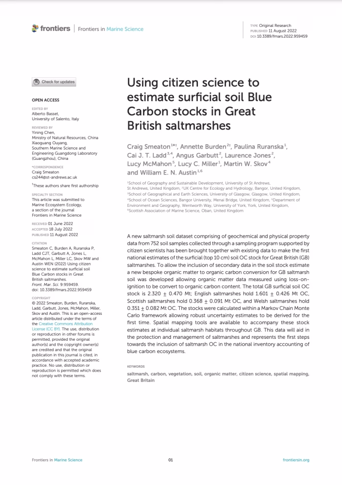 Using Citizen Science to Estimate Surficial Soil Blue Carbon Stocks in Great British Saltmarshes