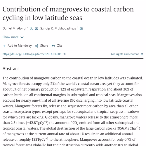 Contribution of Mangroves to Coastal Carbon Cycling in Low Latitude Seas