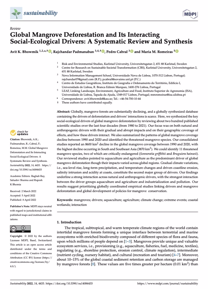 Global Mangrove Deforestation and Its Interacting Social-Ecological Drivers: A Systematic Review and Synthesis