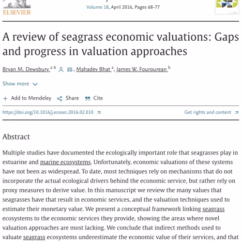 A Review of Seagrass Economic Valuations: Gaps and progress in valuation approaches