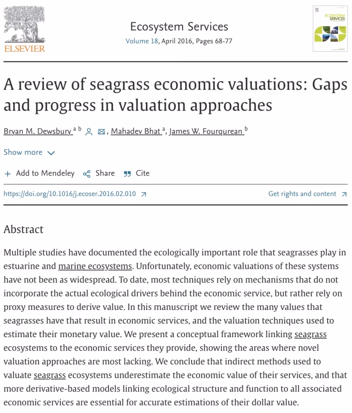 A Review of Seagrass Economic Valuations: Gaps and progress in valuation approaches