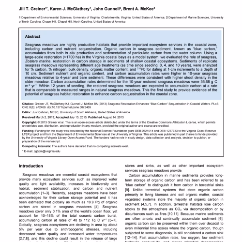 Seagrass Restoration Enhances “Blue Carbon” Sequestration in Coastal Waters