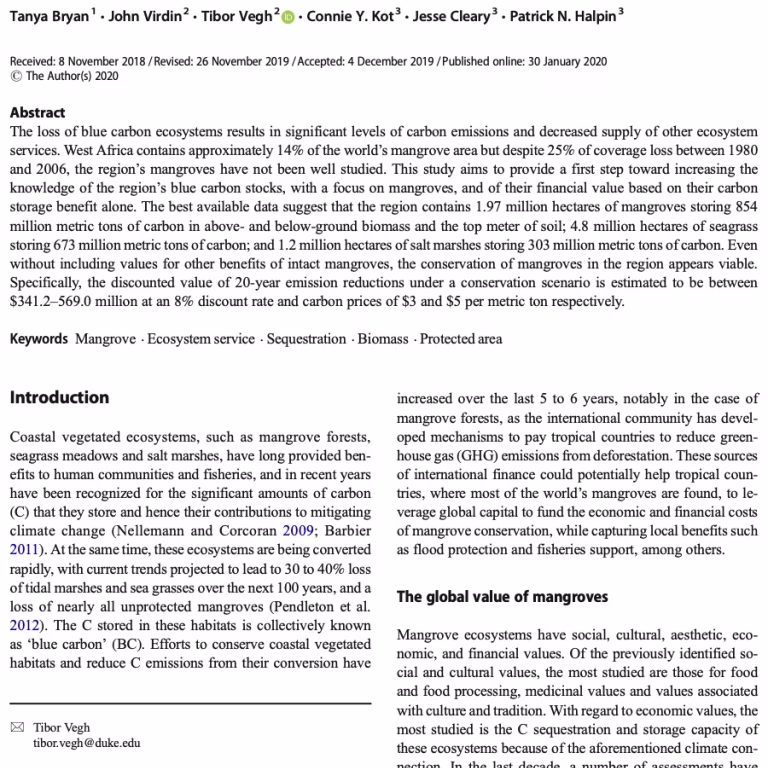 Blue Carbon Conservation in West Africa: A first assessment of feasibility. Bryan et al., 2020