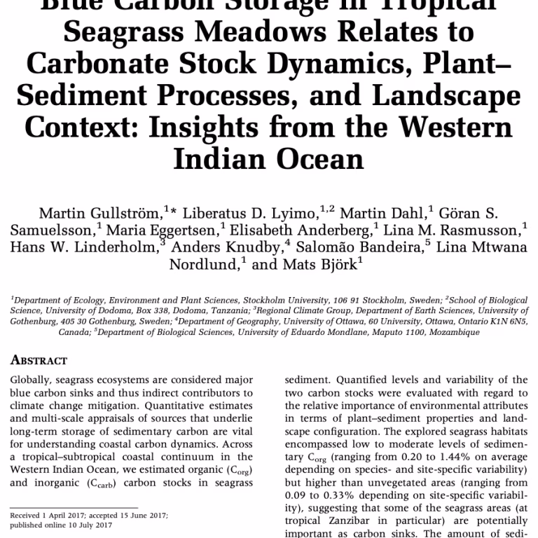 Blue Carbon Storage in Tropical Seagrass Meadows Relates to Carbonate Stock Dynamics, Plant–Sediment Processes, and Landscape Context: Insights from the Western Indian Ocean. Gullström et al., 2017