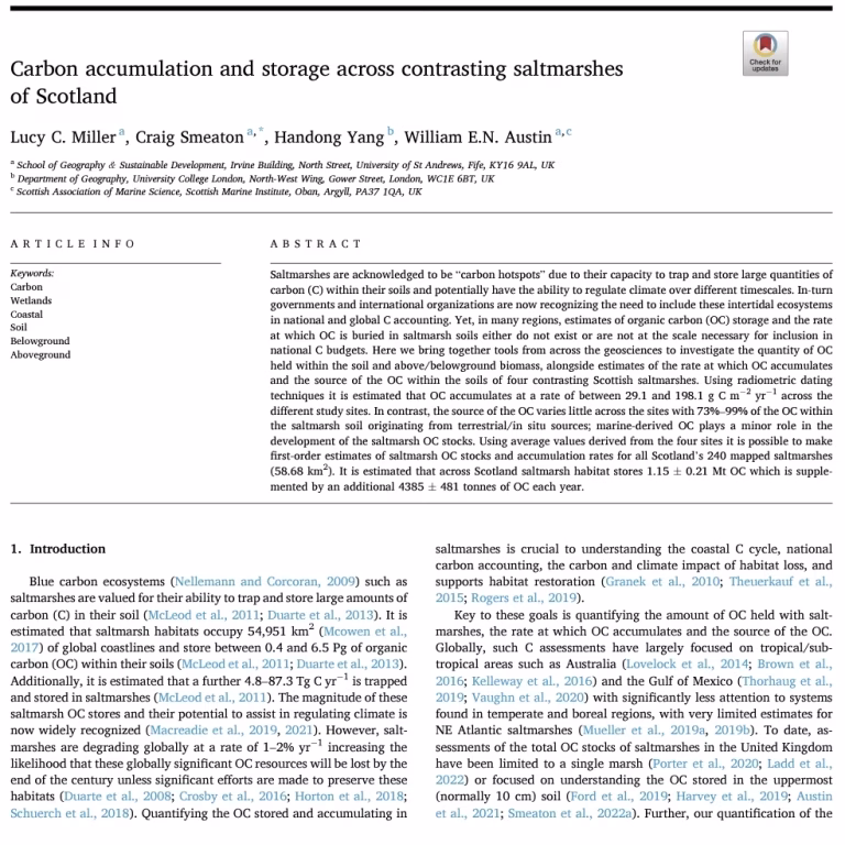 Carbon Accumulation and Storage Across Contrasting Saltmarshes of Scotland. Miller et al., 2023