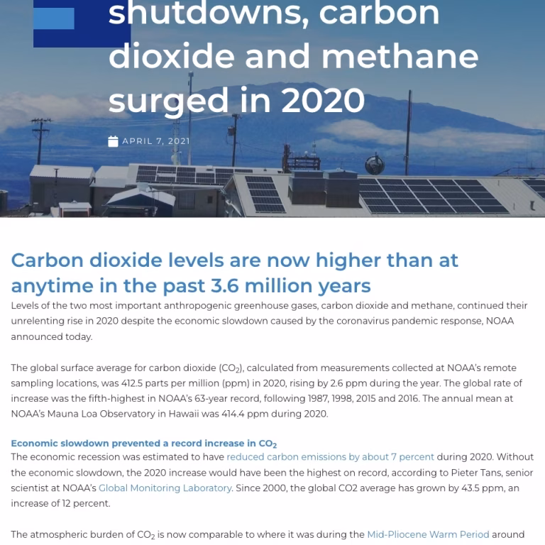 Despite Pandemic Shutdowns, Carbon Dioxide and Methane Surged in 2020. NOAA, 2021