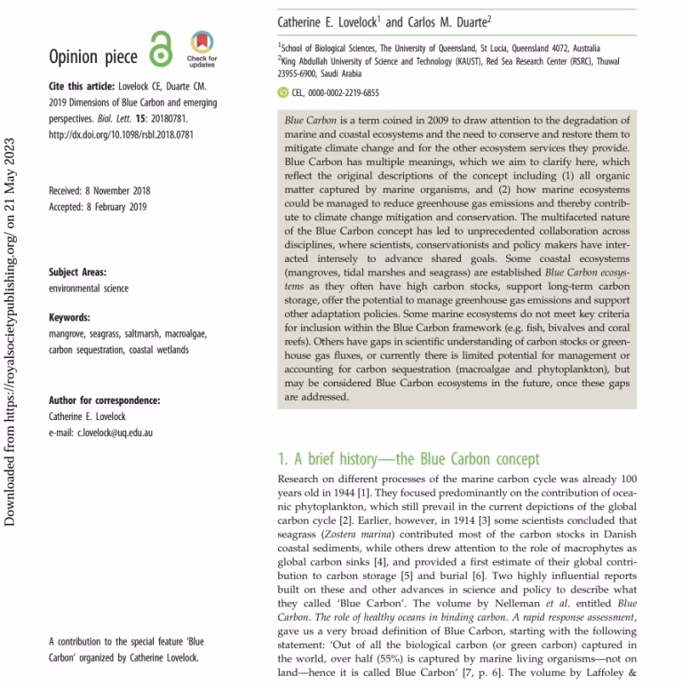 Dimensions of Blue Carbon and Emerging Perspectives, Catherine E. Lovelock and Carlos M. Duarte (2019).