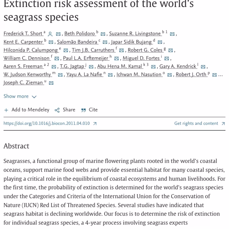 Extinction Risk Assessment of the World’s Seagrass Species. Short et al., 2011