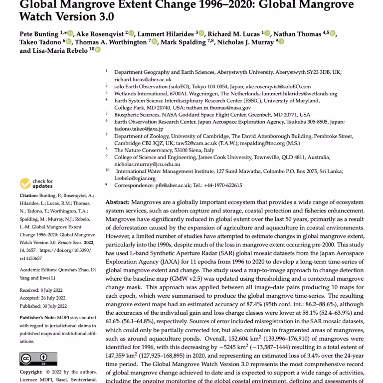 Global Mangrove Extent Change 1996-2020: Global Mangrove Watch Version 3.0. Bunting et al., 2022