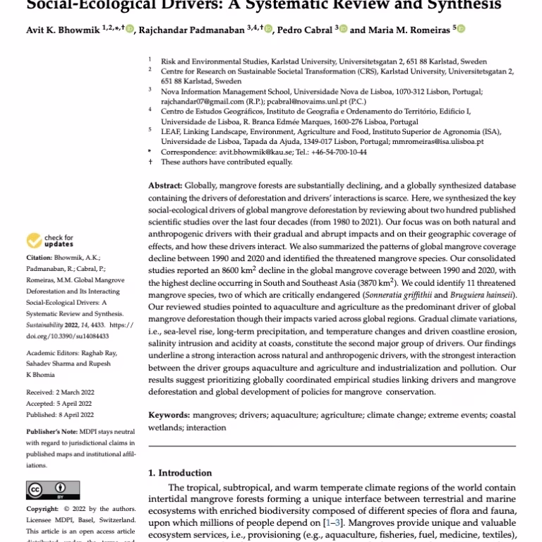 Global Mangrove Deforestation and Its Interacting Social-Ecological Drivers: A Systematic Review and Synthesis. Bhowmik et al., 2022