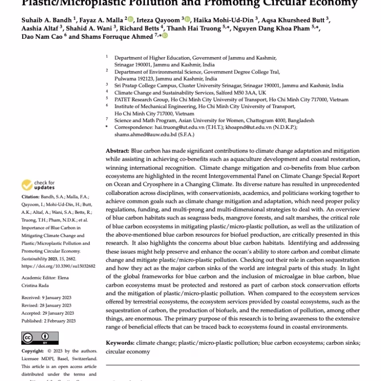 Importance of Blue Carbon in Mitigating Climate Change and Plastic/Microplastic Pollution and Promoting Circular Economy. Bandh et al., 2023.