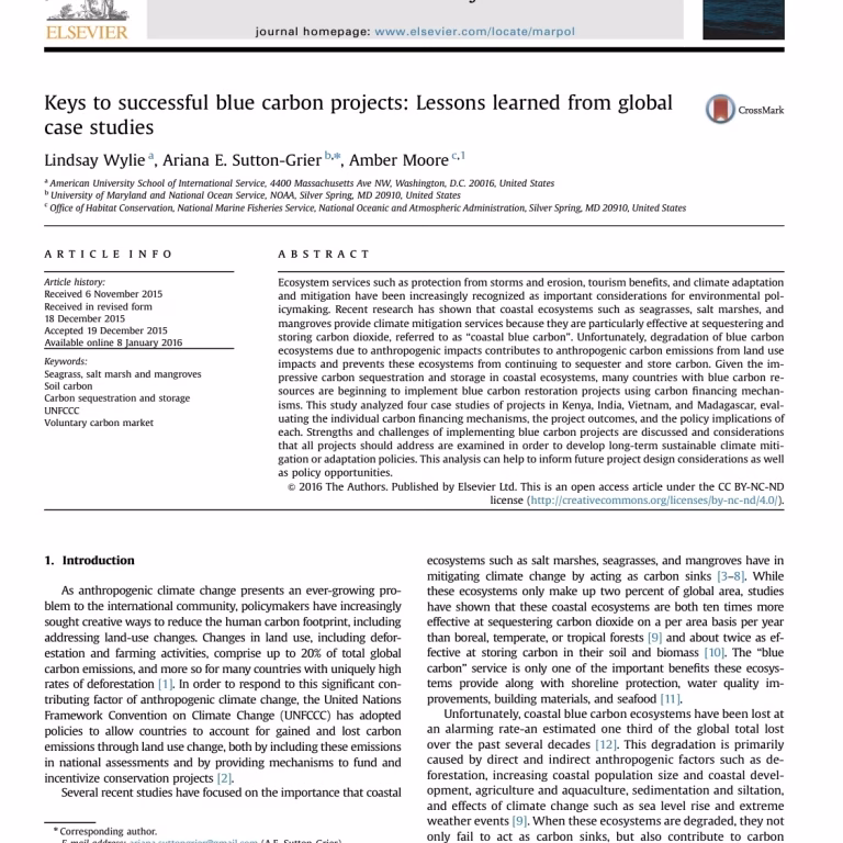 Keys to Successful Blue Carbon Projects: Lessons learned from global case studies. Wylie, Sutton-Grier, and Moore, 2016