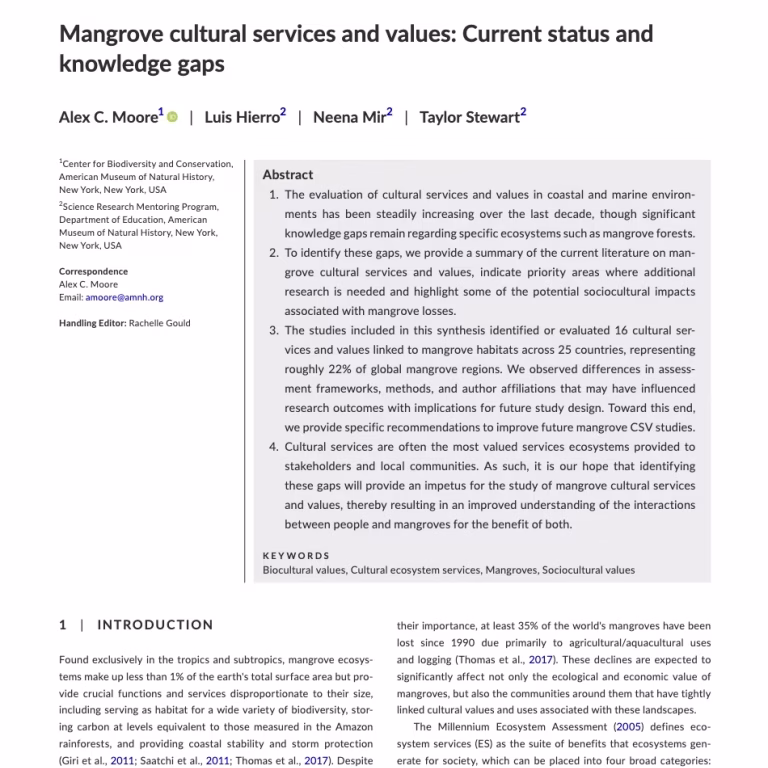 Mangrove Cultural Services and Values: Current status and knowledge gaps. (2022). Alex C. Moore, Luis Hierro, Neena Mir, Taylor Stewart