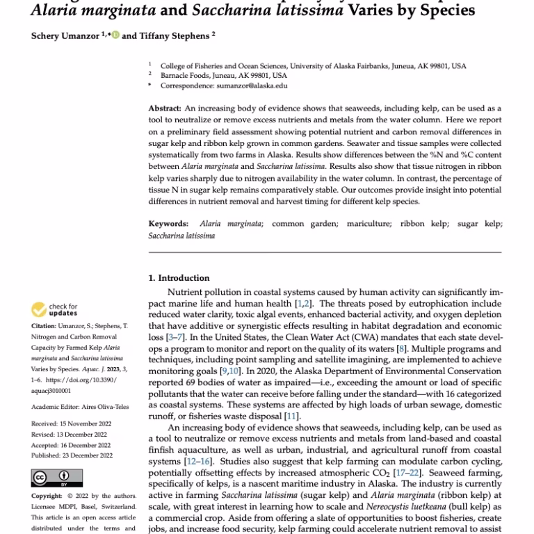 Nitrogen and Carbon Removal Capacity by Farmed Kelp Alaria marginata and Saccharina latissima Varies by Species.(2023). Schery Umanzor and Tiffany Stephens