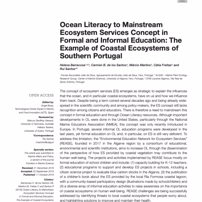 Ocean Literacy to Mainstream Ecosystem Services Concept in Formal and Informal Education: The example of coastal ecosystems of Southern Portugal by Barracosa et al. (2019)