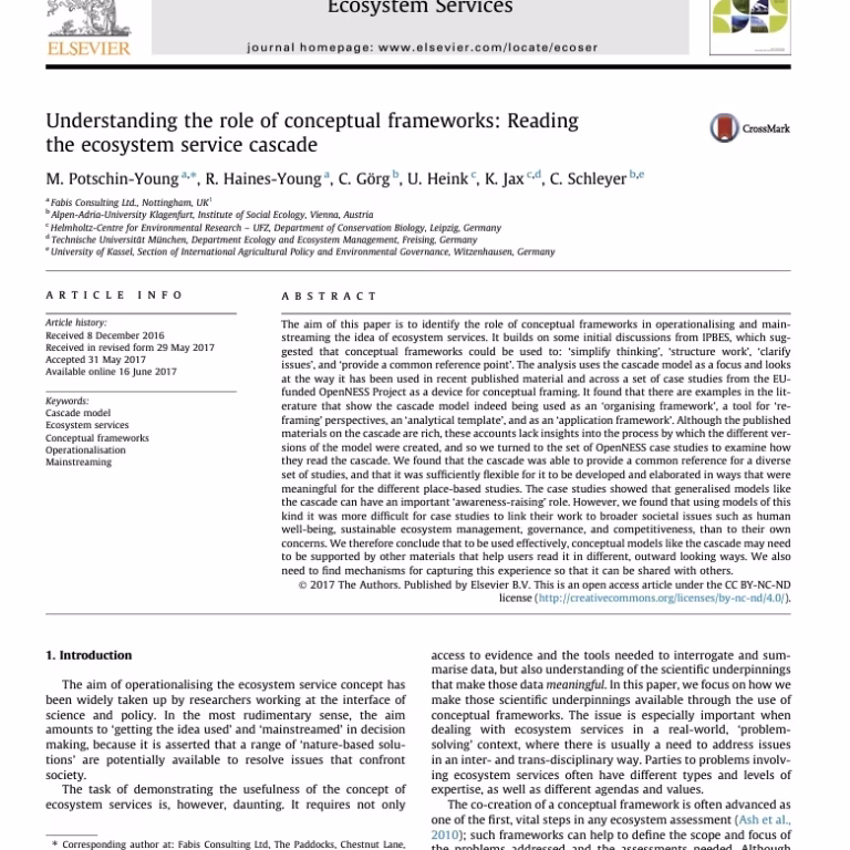 Understanding the Role of Conceptual Frameworks: Reading the ecosystem service cascade by Potschin-Young et al (2018)