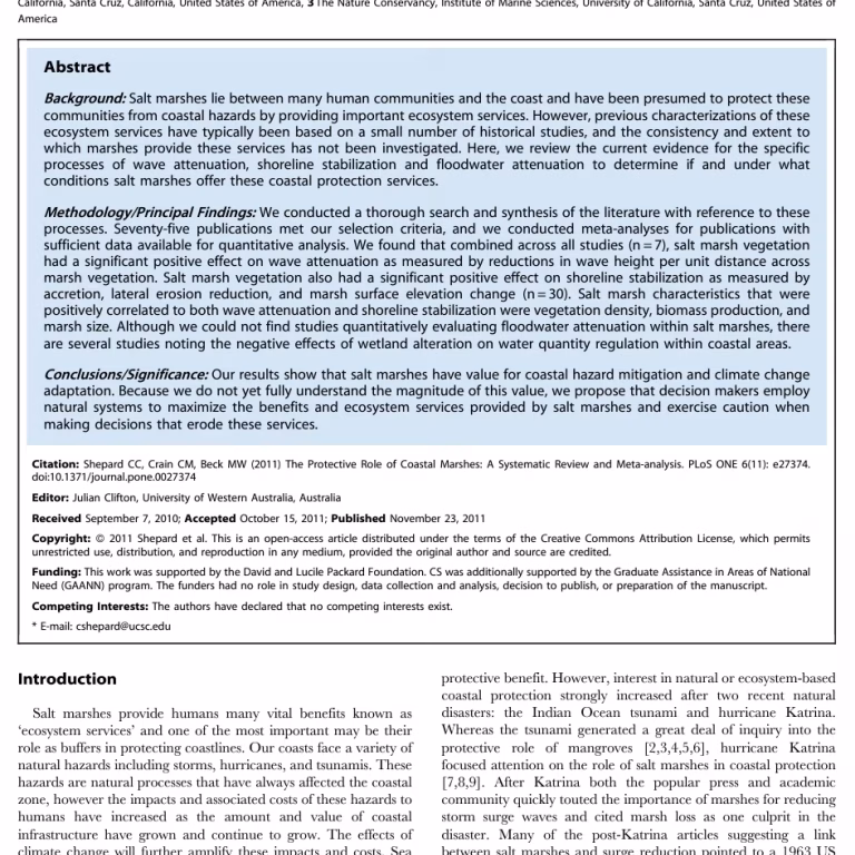 The Protective Role of Coastal Marshes: A Systematic Review and Meta-analysis. Shepard et al., 2011