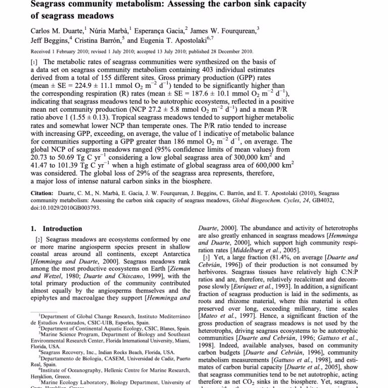 Seagrass Community Metabolism: Assessing the carbon sink capacity of seagrass meadows. Duarte et al., 2010