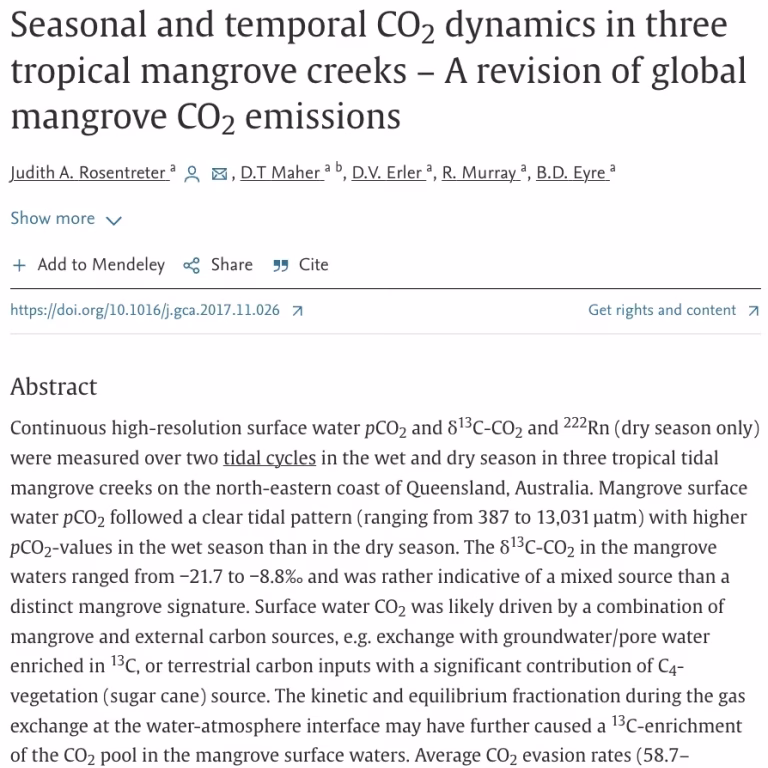 Seasonal and Temporal CO2 Dynamics in Three Tropical Mangrove Creeks: A revision of global mangrove CO2 emissions. Rosentreter et al., 2018