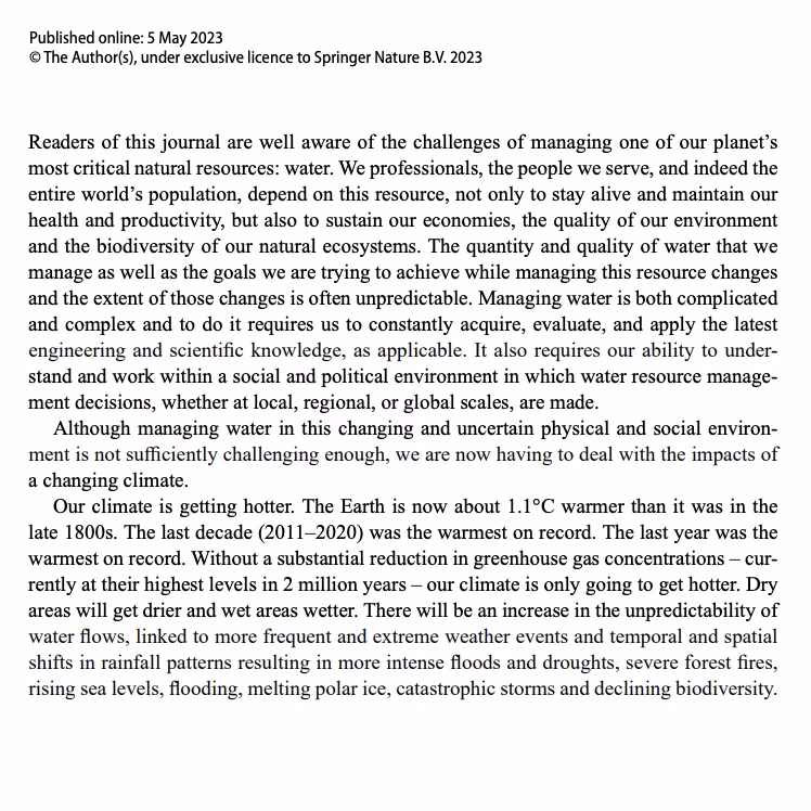 Adaptive Water Resources Management Under Climate Change: An Introduction. Tsakiris and Loucks, 2023 