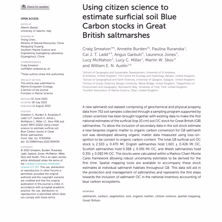 Using Citizen Science to Estimate Surficial Soil Blue Carbon Stocks in Great British Saltmarshes (Smeaton et al., 2022)